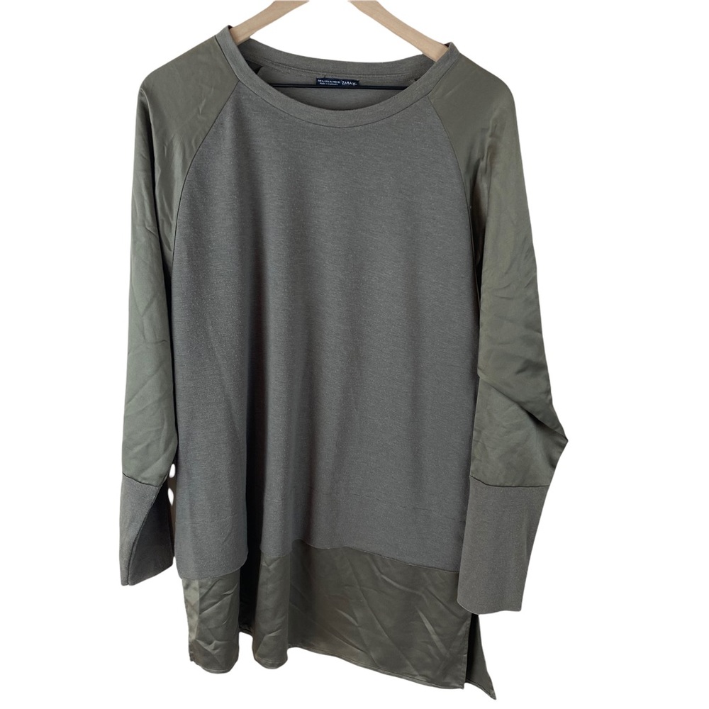Zara Woman Olive Green Mixed Media Satin Top Size XL Tunic Length